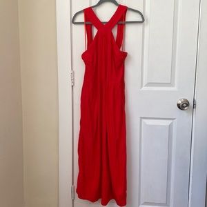 Bright Red Linen Midi Summer Dress w/ pockets